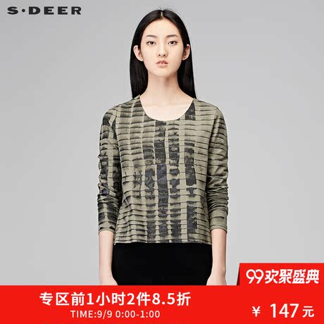 sdeer圣迪奥女装2017冬装新款设计感印花条纹长袖T恤S17480220商品大图