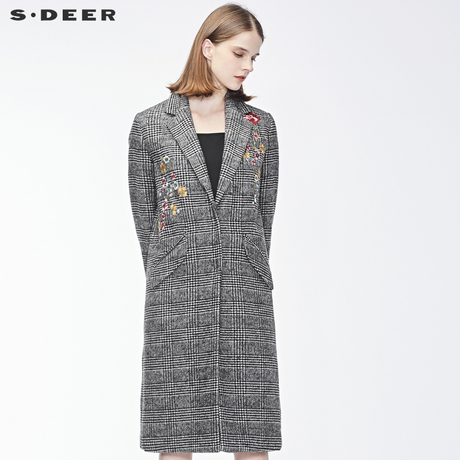 sdeer圣迪奥女装格纹复古绣花平驳领长款直筒外套S18481853商品大图