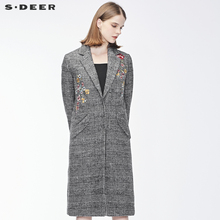 sdeer圣迪奥女装格纹复古绣花平驳领长款直筒外套S18481853图片