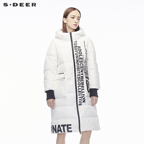 sdeer圣迪奥撞色英文夸张贴袋装饰罗纹袖口连帽羽绒服S18482494商品大图