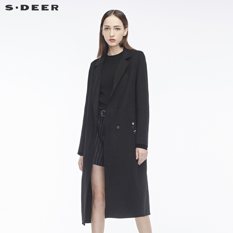 sdeer圣迪奥简约刺绣花卉图案撞色英文装饰平驳领长外套S18481890商品大图
