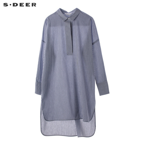 sdeer圣迪奥清新简约蓝白条纹前短后长开衩设计翻领上衣S18780526商品大图