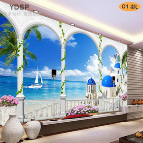 3D空间大型壁画电视背景墙壁纸海边蓝天风景沙滩墙布餐厅墙纸客厅