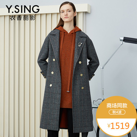 衣香丽影商场同款2018秋装新款中长款格纹毛呢外套女羊毛呢子大衣商品大图