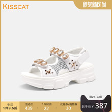 牛皮革平跟魔术贴运动老爹凉鞋 Kisscat接吻猫2019夏季新款