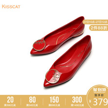 饰扣尖头平跟舒适浅口单鞋 便鞋 牛漆皮革时尚 KISSCAT接吻猫新款