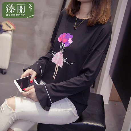 臻丽 新款可爱t恤长袖套头衫遮肚圆领大码女秋装胖妹妹宽松显瘦商品大图