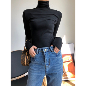 承之Studio黑色高领打底衫女2019春季百搭修身薄款堆堆领长袖T恤