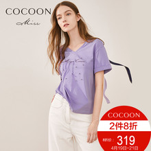 COCOON夏装 休闲V领字母印花镶钻宽松T恤短袖 miss 新品 女装