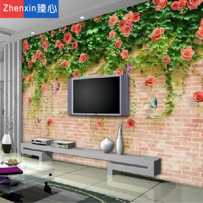 臻心简约3D客厅电视墙壁画墙纸绿藤玫瑰 红花砖墙蔷薇背景墙