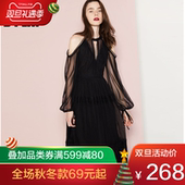 DPLAY德帕拉黑色露肩V领ins连衣裙百褶蕾丝礼服裙小黑裙女神长裙