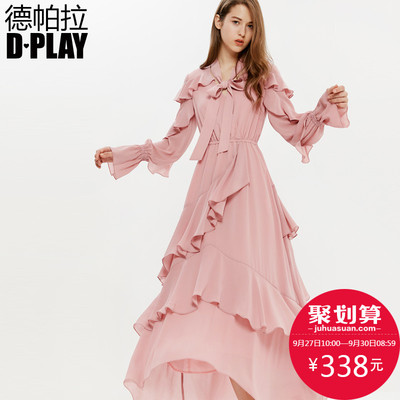 DPLAY德帕拉2018秋新品欧美粉色V领系带荷叶花边不规则摆连衣裙