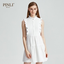 PINLI品立2018夏季新款女装显瘦纯色荷叶边无袖连衣裙A182335103