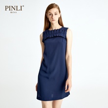 PINLI品立2018夏季新款女装纯色花边短裙无袖连衣裙A182235056