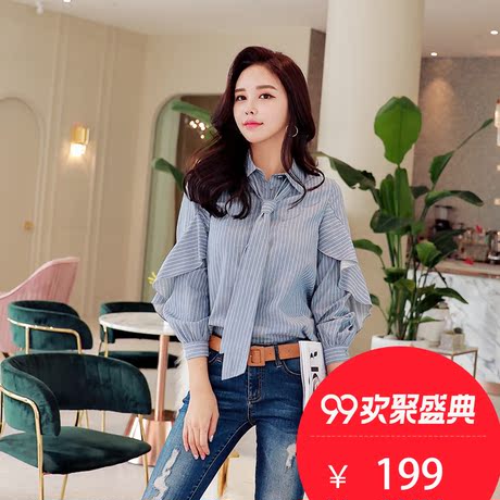 粉红大布娃娃秋冬女装2018新款时尚优雅OL风荷叶袖领带条纹衬衫商品大图