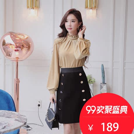 粉红大布娃娃秋冬装2018新款气质时尚淑女修身高腰A摆黑色半身裙商品大图