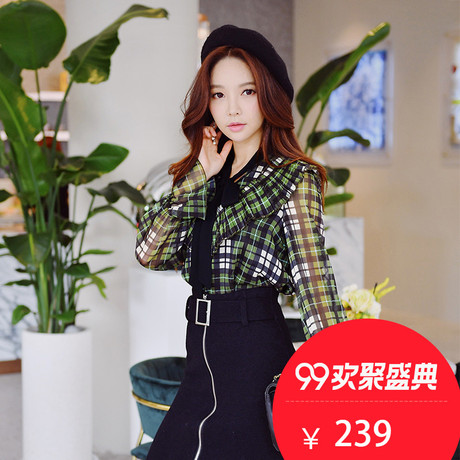 粉红大布娃娃秋冬女2018新款韩版淑女时尚系带长袖格子雪纺衬衫商品大图