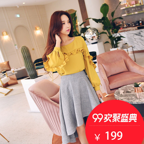 粉红大布娃娃秋冬女2018新款姜黄色时尚淑女灯笼袖荷叶边雪纺衬衫商品大图