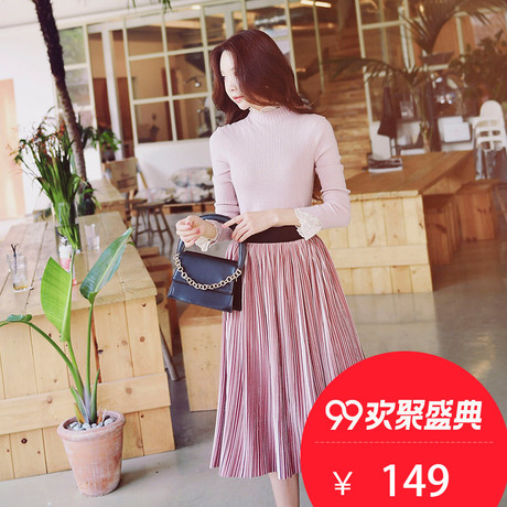 粉红大布娃娃秋冬女装2018新款复古淑女优雅收腰中长款百褶裙半裙商品大图