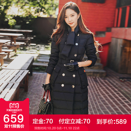 粉红大布娃娃冬装2018新款女气质黑色收腰中长款双排扣复古羽绒服商品大图