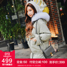 粉红大布娃娃冬装女2018新款韩版时尚甜美豆绿色连帽毛领羽绒服图片