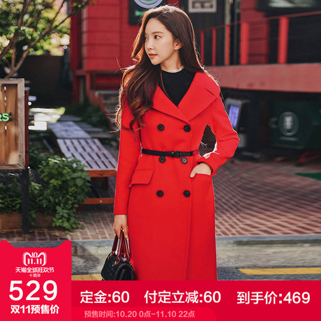 粉红大布娃娃中长款毛呢大衣冬装女2018新款红色修身收腰过膝外套商品大图