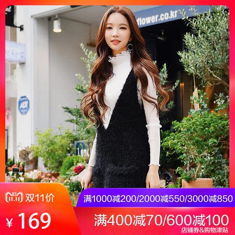 粉红大布娃娃秋冬装2018新款时尚减龄淑女柔软毛绒V领针织背心裙商品大图