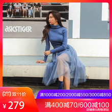 粉红大布娃娃秋冬2018新款时尚优雅淑女修身针织网纱连衣裙两件套图片