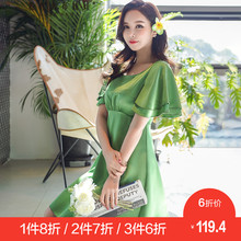 粉红大布娃娃夏款2018新品气质显瘦淑女收腰圆领高腰荷叶袖连衣裙图片