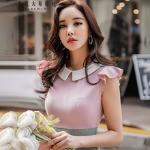 粉红大布娃娃夏装2018新款女装韩版甜美拼色翻领荷叶边无袖连衣裙图片