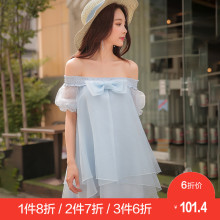 粉红大布娃娃露肩连衣裙女新款时尚镶蝴蝶结A版露肩一字领连衣裙图片