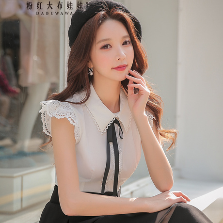 粉红大布娃娃小飞袖衬衫女新款韩版气质系蝴蝶结花边蕾丝收腰衬衫商品大图