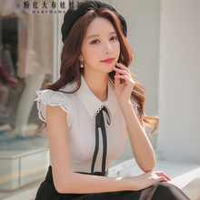粉红大布娃娃小飞袖衬衫女新款韩版气质系蝴蝶结花边蕾丝收腰衬衫图片