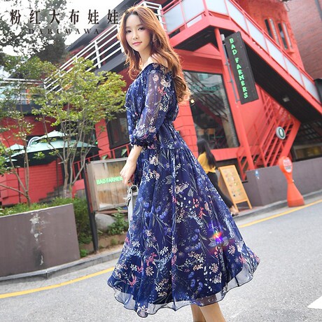 粉红大布娃娃印花连衣裙韩版新款女长款一字领印花浪漫连衣裙长裙商品大图