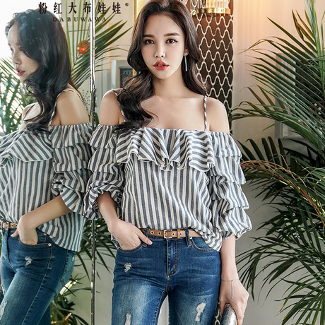 粉红大布娃娃衬衫女夏装2018新款韩版时尚荷叶边条纹裸肩吊带衬衫商品大图