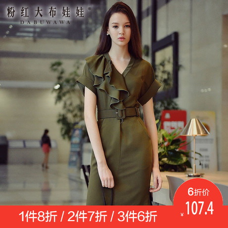 粉红大布娃娃V领连衣裙新款女装荷叶边装饰V领气质系带短袖连衣裙商品大图