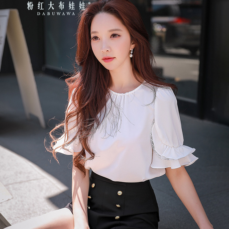 粉红大布娃娃夏季新款淑女泡泡袖纯色直筒圆领套头荷叶边短袖衬衫商品大图