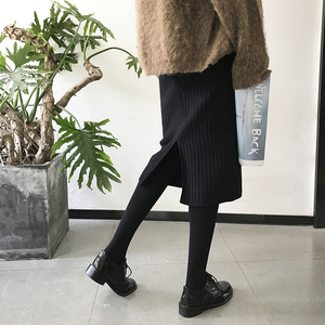 高腰针织开叉一步裙
