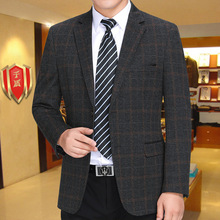 秋冬季男士宽松休闲西服外套千盾中年男装单件羊毛西装暗格子上衣