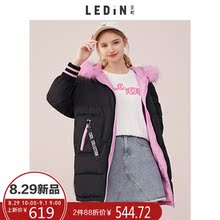 乐町2018秋装新款印花两面穿加厚宽松毛领羽绒服女中长款外套女冬图片