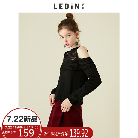 乐町2018秋季新款女装套头毛针织衫露肩蕾丝拼接薄款chic毛衣商品大图