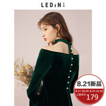 乐町2018秋装新款女一字肩挂脖丝绒连衣裙ins超火的复古短裙韩版图片