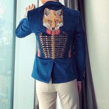 蓝色修身 重工刺绣狐狸公爵金丝绒西装 丝绒小西装 外套男士 2018新款