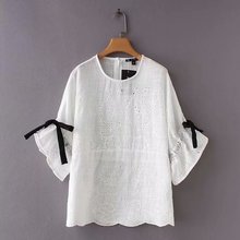 欧美风流行百搭宽松刺绣镂空系带衬衫 女装 2018春季新品 MKY 上衣
