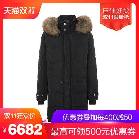 Versace Jeans黑色毛领装饰涤纶连帽中长款女士羽绒服商品大图
