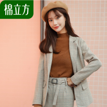 格子小西装女2018秋季新款棉立方韩版复古chic修身西服毛呢外套图片