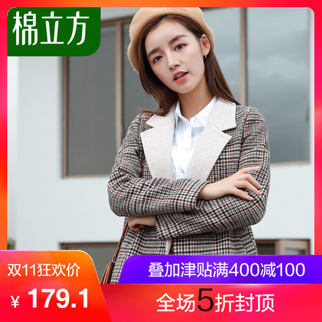 格子毛呢外套女中长款2018秋冬款棉立方韩版学生百搭新款冬季大衣商品大图