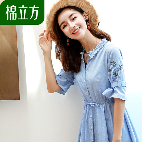 时尚纯棉绣花条纹连衣裙女夏季2018新款棉立方清新海边度假上衣小商品大图