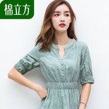 提花收腰棉麻连衣裙女夏季2018新款棉立方绿色气质复古冷淡风裙子图片