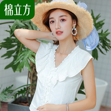 白色修身短款t恤女夏季2018新款棉立方可爱甜美荷叶边绣花短上衣图片